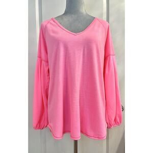 Hummingbird V Neck Neon Pink Sweatshirt Sweater Balloon Sleeve Sz S